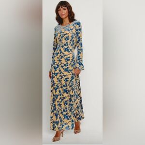 Rare London Blue Nude Floral Long Sleeve Maxi Dress Size 4